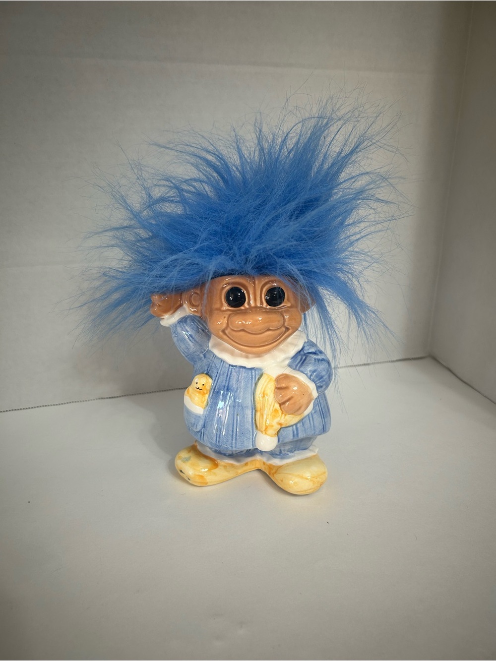 Vintage Russ Troll Blue Hair Pajamas Teddy Bear Ceramic Coin Piggy Bank 6.5 in